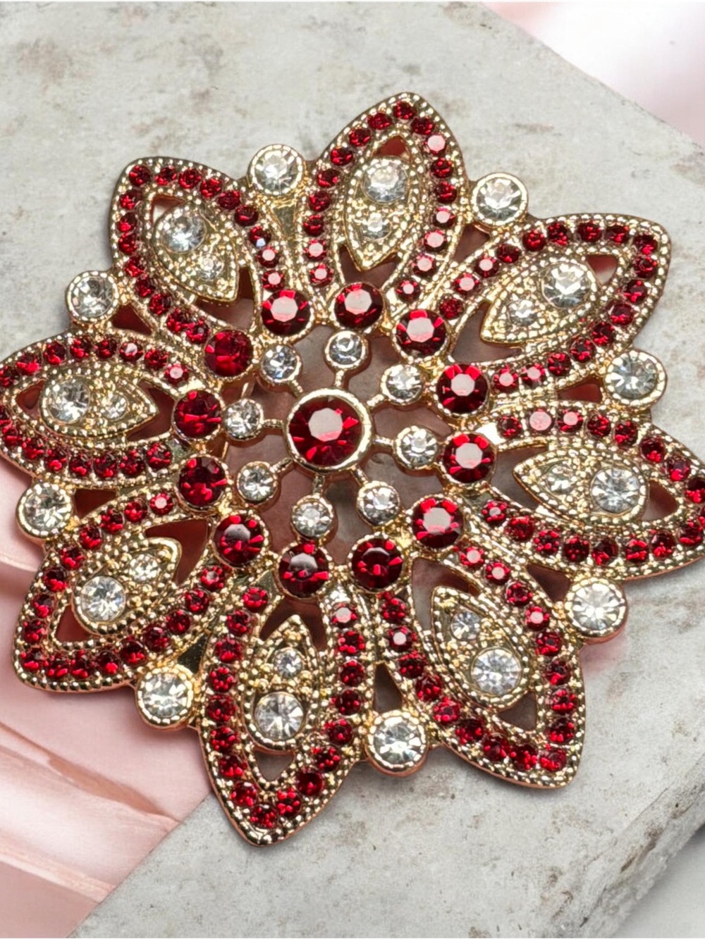 Vintage Signed Monet-Snowflake Brooch, Gold-Tone, Red & Clear Rhinestones, 24 g